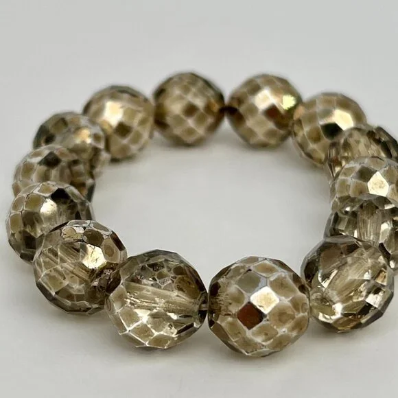 Faceted Czech Glass Fire Polished Gray Gold Crystal Chunky Bead Stretch Bracelet - Picture 11 of 16
